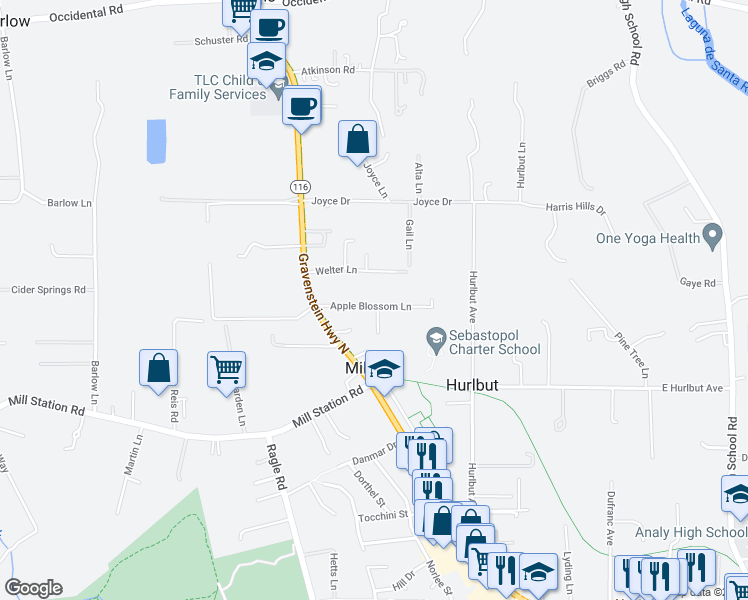 map of restaurants, bars, coffee shops, grocery stores, and more near 7828 Apple Blossom Lane in Sebastopol