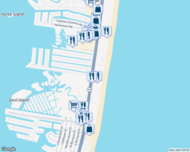 map of restaurants, bars, coffee shops, grocery stores, and more near 10700 Coastal Highway in Ocean City