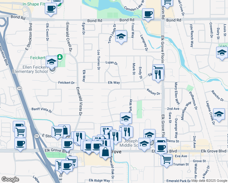 map of restaurants, bars, coffee shops, grocery stores, and more near 8775 Contemporary Court in Elk Grove