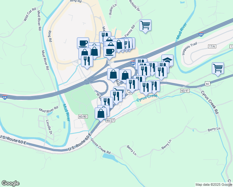 map of restaurants, bars, coffee shops, grocery stores, and more near 3452-3470 Midland Trail in Barboursville