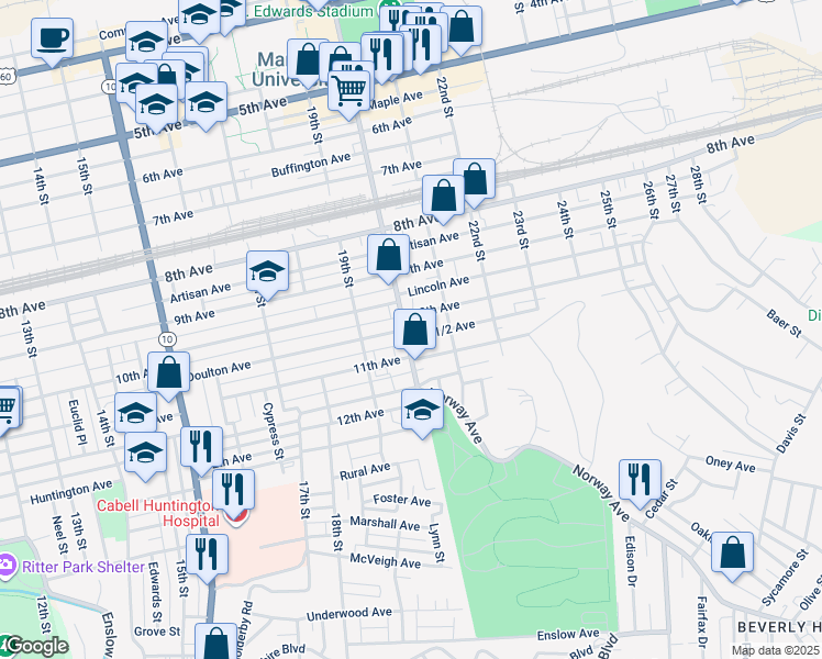 map of restaurants, bars, coffee shops, grocery stores, and more near 1037 20th Street in Huntington