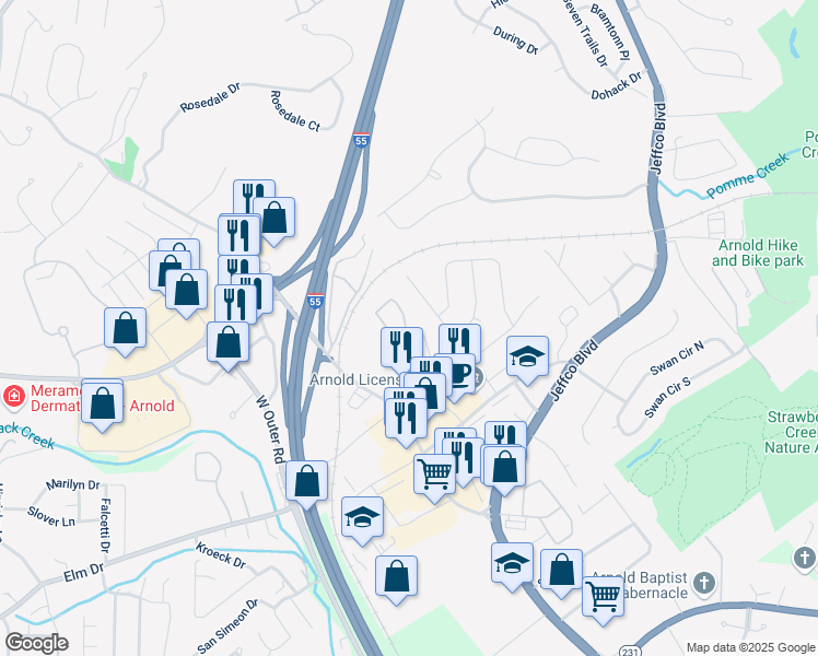 map of restaurants, bars, coffee shops, grocery stores, and more near 1905 Richardson Place Drive in Arnold