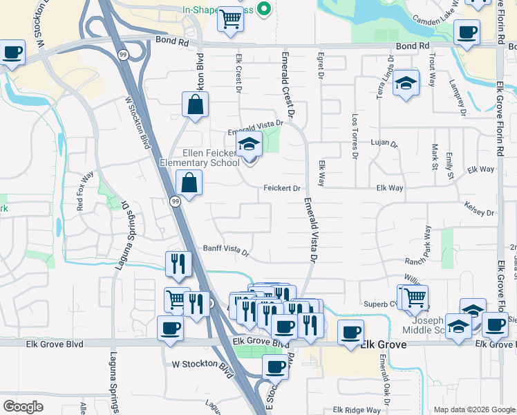 map of restaurants, bars, coffee shops, grocery stores, and more near 8576 Jester Court in Elk Grove