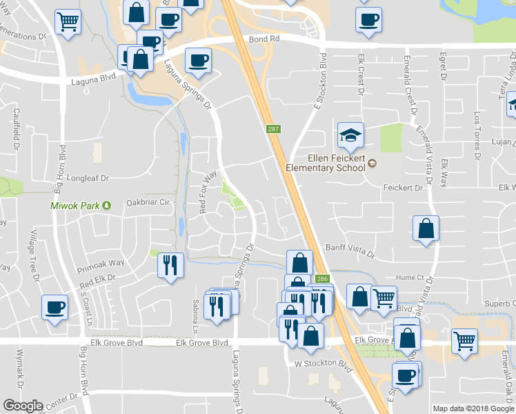map of restaurants, bars, coffee shops, grocery stores, and more near 9418 Fox Den Court in Elk Grove