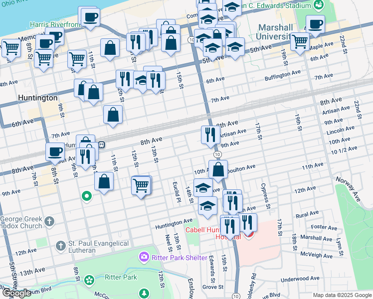 map of restaurants, bars, coffee shops, grocery stores, and more near 831 15th Street in Huntington