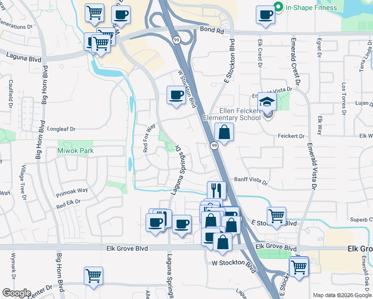 map of restaurants, bars, coffee shops, grocery stores, and more near 9418 Fox Den Court in Elk Grove
