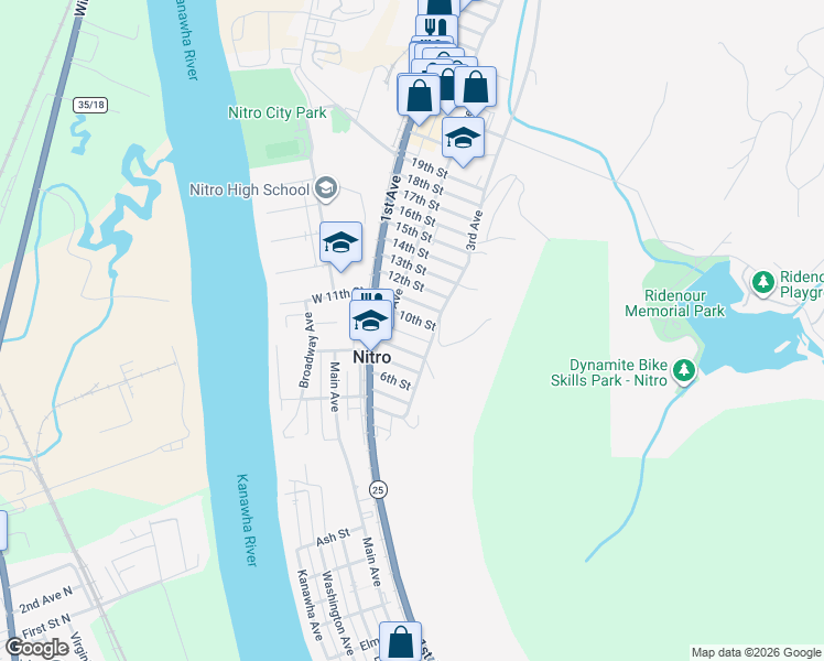 map of restaurants, bars, coffee shops, grocery stores, and more near 812 8th Street in Nitro