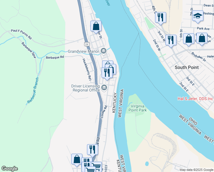 map of restaurants, bars, coffee shops, grocery stores, and more near 2800 Louisa Road in Catlettsburg