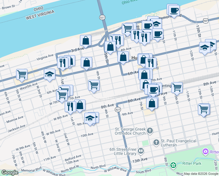 map of restaurants, bars, coffee shops, grocery stores, and more near 435 7th Avenue in Huntington