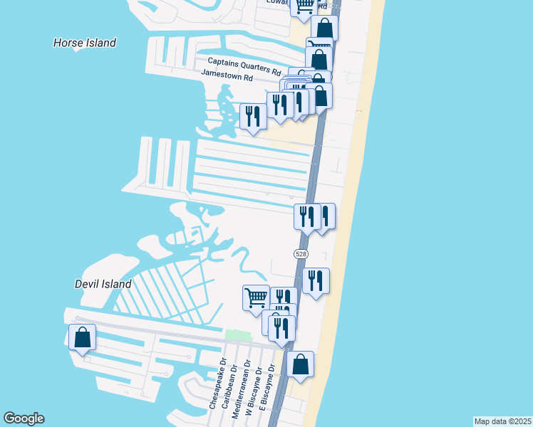 map of restaurants, bars, coffee shops, grocery stores, and more near 74TH 75th Street in Ocean City