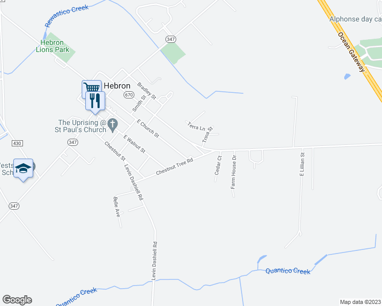 map of restaurants, bars, coffee shops, grocery stores, and more near 330 East Lillian Street in Hebron