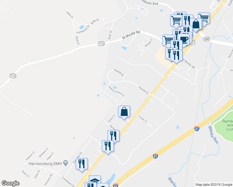 map of restaurants, bars, coffee shops, grocery stores, and more near 392 Hickory Grove Circle in Harrisonburg
