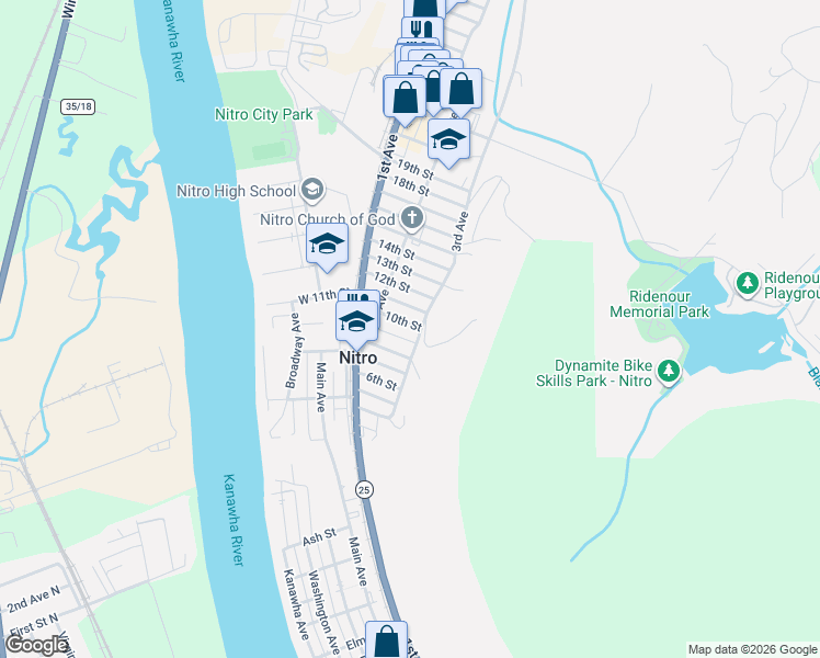 map of restaurants, bars, coffee shops, grocery stores, and more near 829 3rd Ave in Nitro
