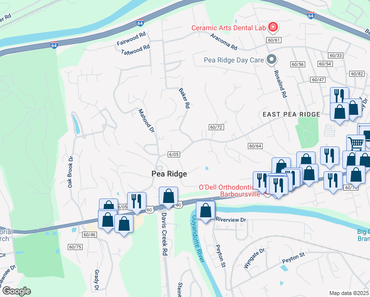 map of restaurants, bars, coffee shops, grocery stores, and more near 5935 East Pea Ridge Road in Huntington