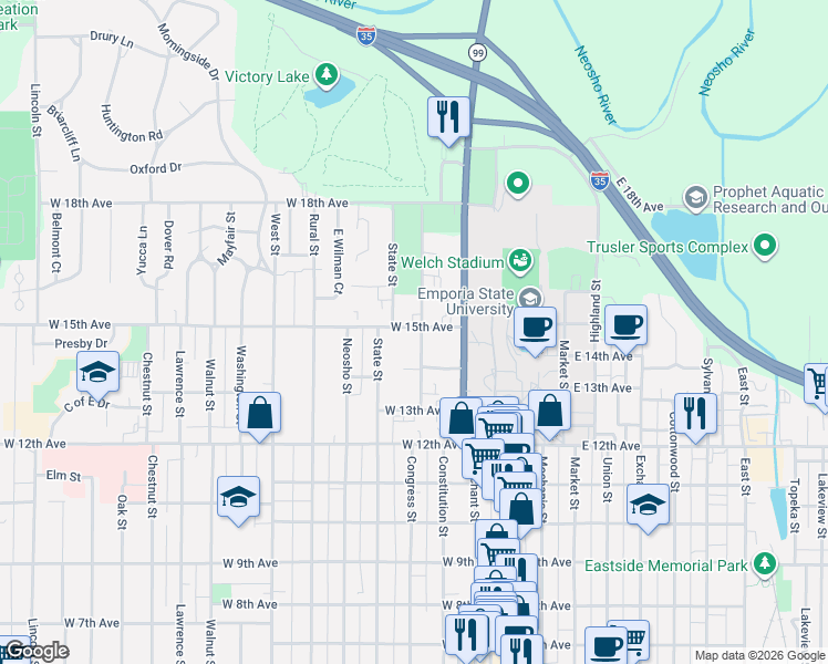 map of restaurants, bars, coffee shops, grocery stores, and more near 1424 State Street in Emporia
