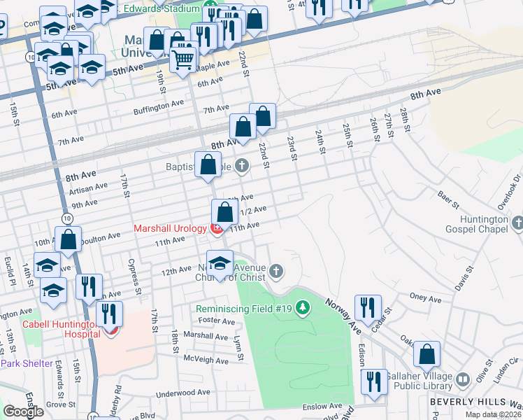 map of restaurants, bars, coffee shops, grocery stores, and more near 2121 11th Avenue in Huntington