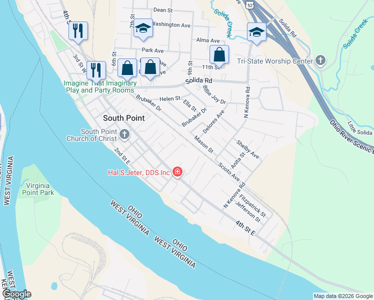 map of restaurants, bars, coffee shops, grocery stores, and more near 711 4th Street East in South Point