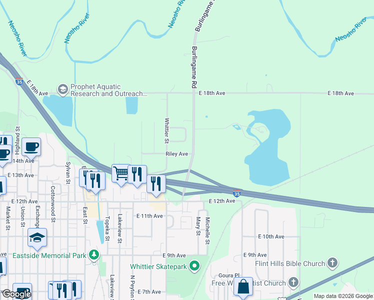 map of restaurants, bars, coffee shops, grocery stores, and more near 1401-1429 Burlingame Road in Emporia
