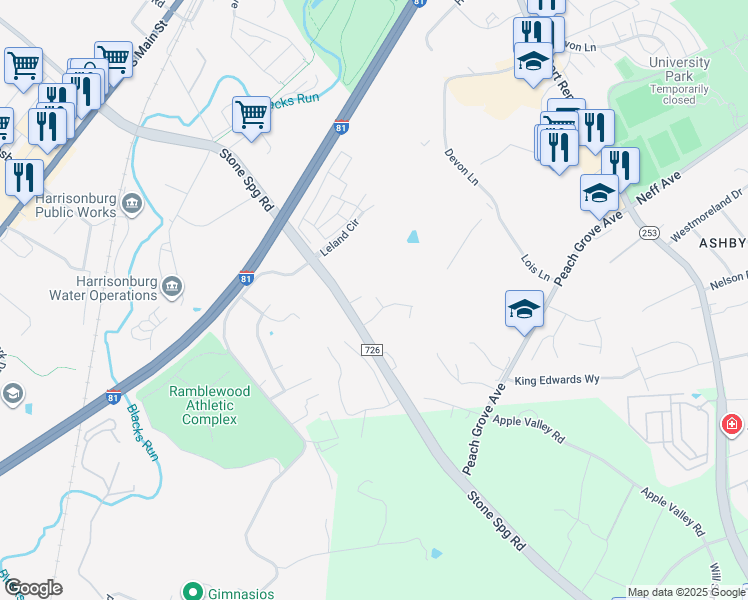 map of restaurants, bars, coffee shops, grocery stores, and more near 1871 Manor Drive in Harrisonburg