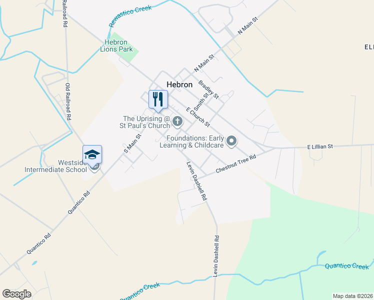 map of restaurants, bars, coffee shops, grocery stores, and more near 107 Elm Street in Hebron