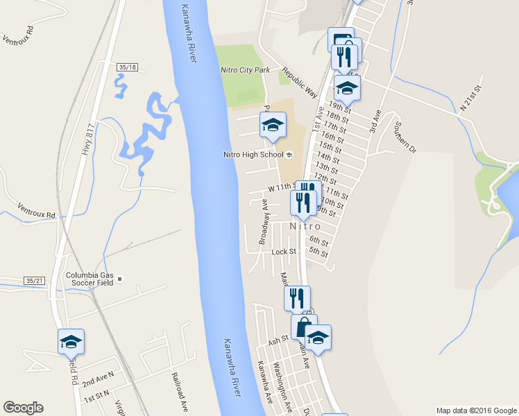 map of restaurants, bars, coffee shops, grocery stores, and more near 106 Broadway Avenue in Nitro