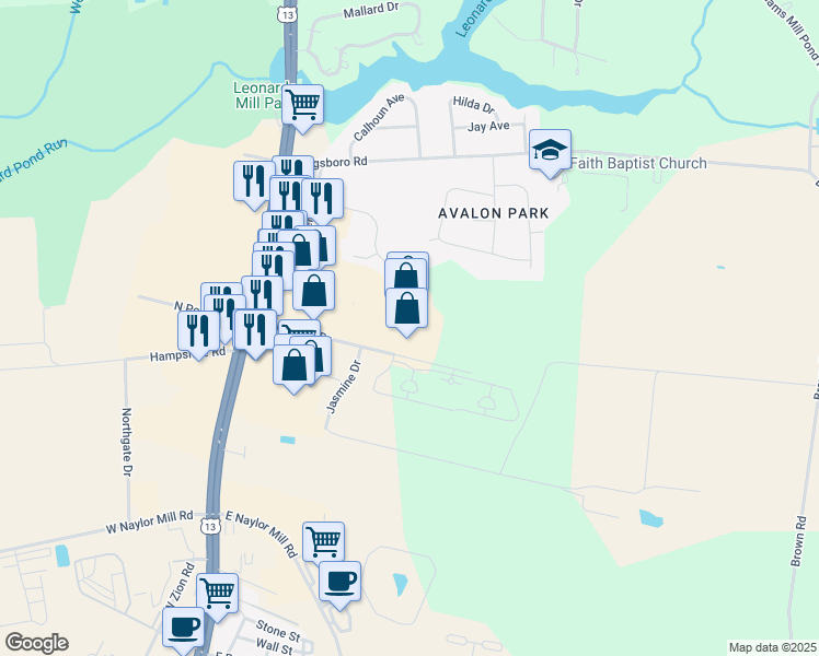 map of restaurants, bars, coffee shops, grocery stores, and more near 111 East North Pointe Drive in Salisbury