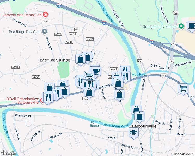 map of restaurants, bars, coffee shops, grocery stores, and more near 6360 U.S. 60 in Barboursville