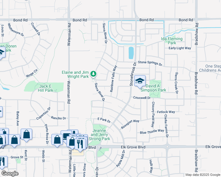 map of restaurants, bars, coffee shops, grocery stores, and more near 9394 Rainbow Falls Way in Elk Grove