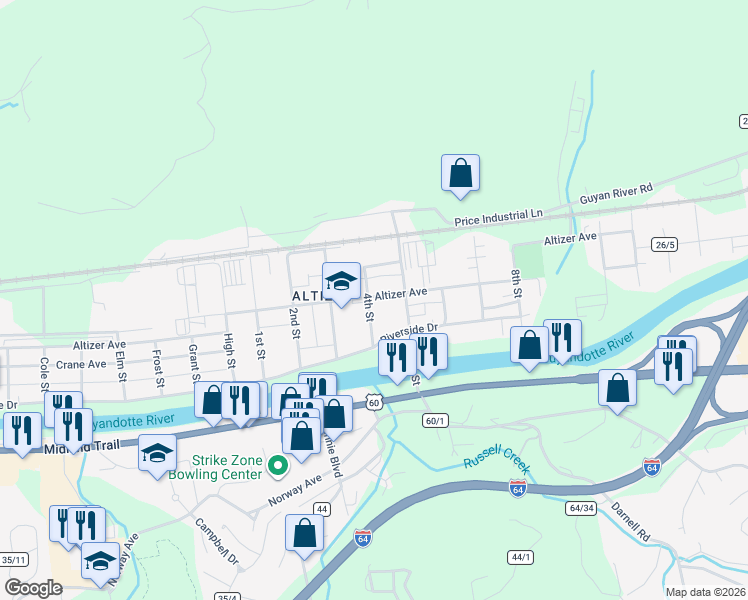 map of restaurants, bars, coffee shops, grocery stores, and more near 4415 Altizer Avenue in Huntington