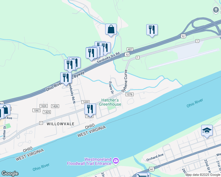 map of restaurants, bars, coffee shops, grocery stores, and more near 8978 County Road 1 in South Point