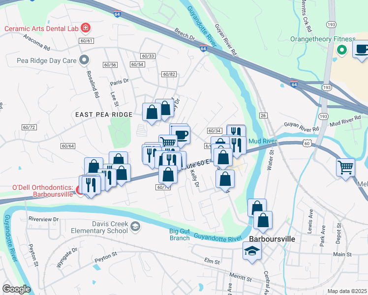 map of restaurants, bars, coffee shops, grocery stores, and more near 6360 U.S. 60 in Barboursville