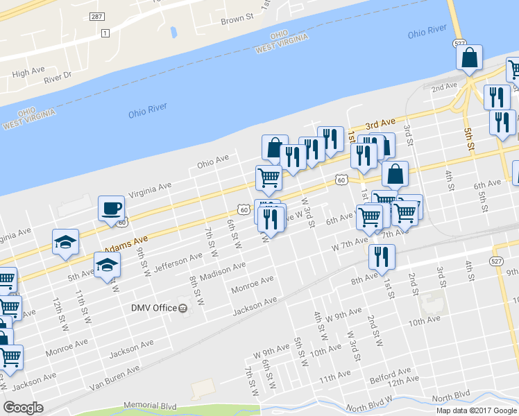 map of restaurants, bars, coffee shops, grocery stores, and more near 448 5th Street West in Huntington