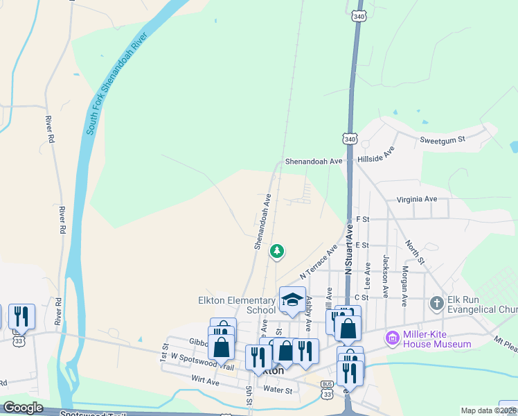 map of restaurants, bars, coffee shops, grocery stores, and more near 650 Shenandoah Avenue in Elkton