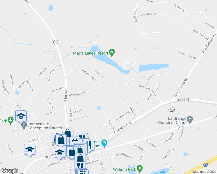 map of restaurants, bars, coffee shops, grocery stores, and more near 1309 Heatherbourne Drive in La Grange