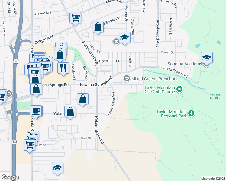 map of restaurants, bars, coffee shops, grocery stores, and more near 1072 Kawana Springs Road in Santa Rosa