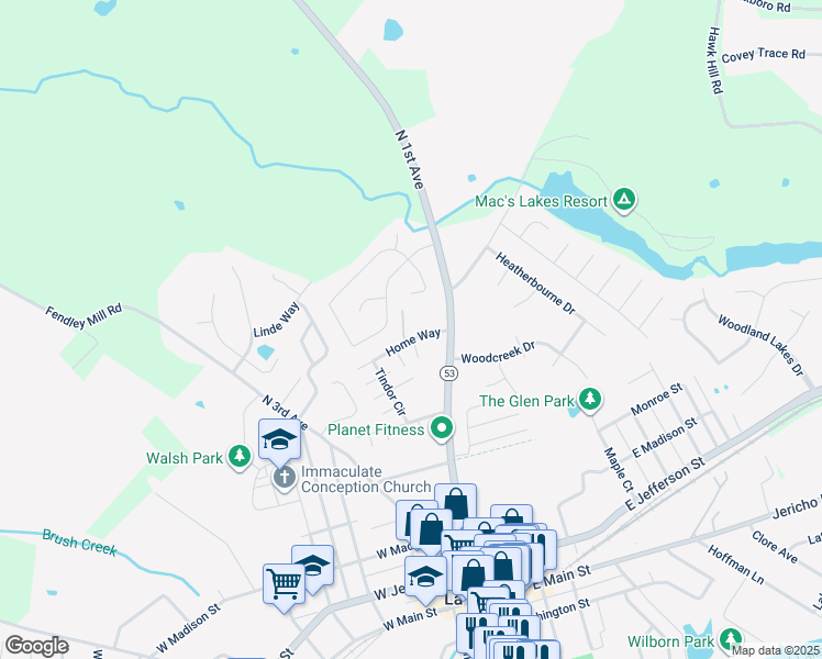 map of restaurants, bars, coffee shops, grocery stores, and more near 1604 Cedar Springs Court in La Grange