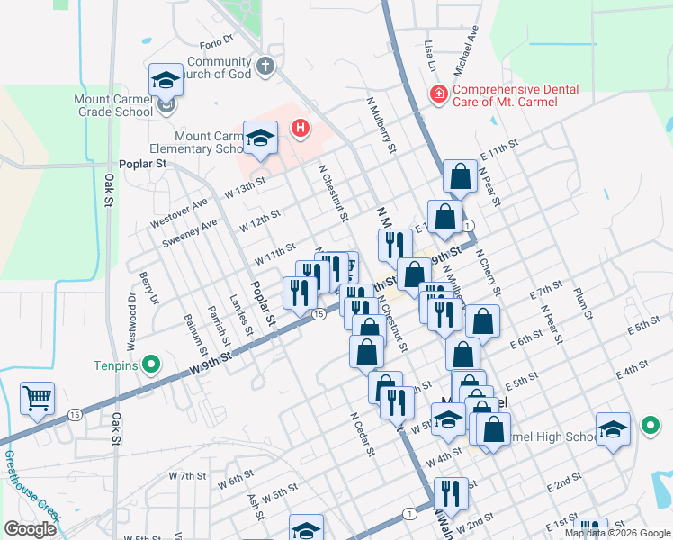 map of restaurants, bars, coffee shops, grocery stores, and more near 215 West 10th Street in Mount Carmel
