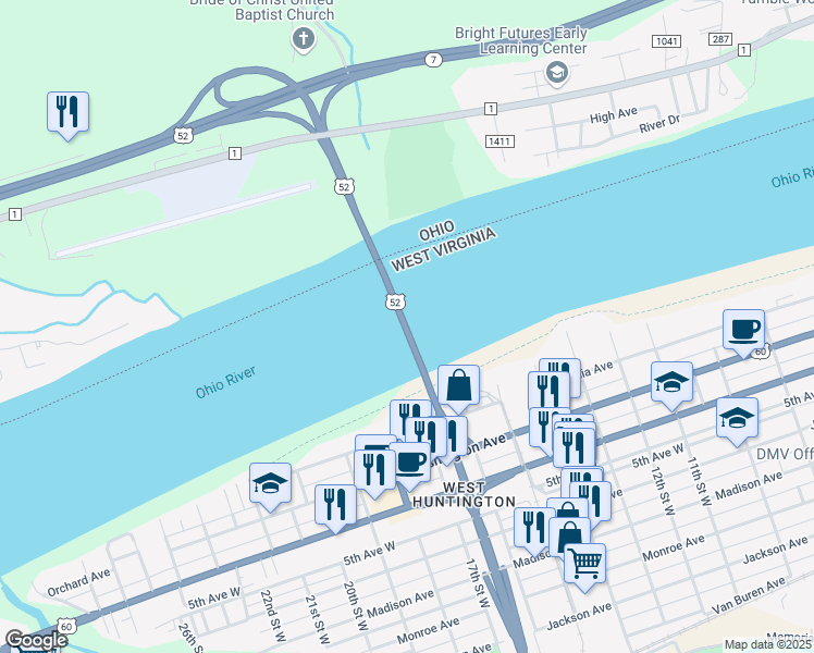 map of restaurants, bars, coffee shops, grocery stores, and more near U.S. 52 in Huntington