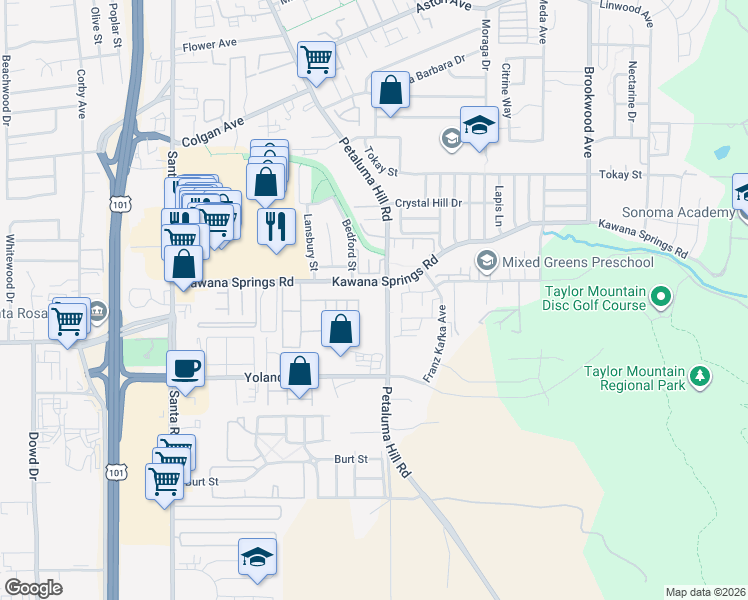 map of restaurants, bars, coffee shops, grocery stores, and more near 786 Kawana Springs Road in Santa Rosa