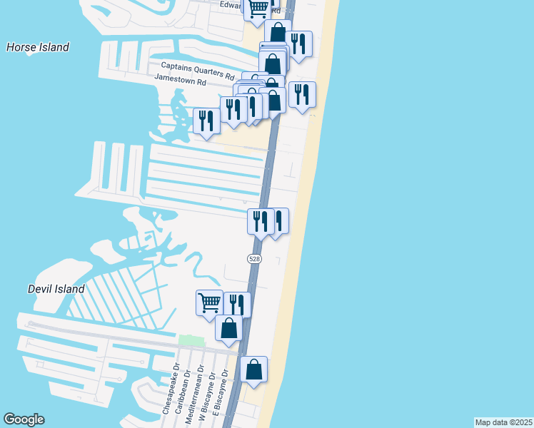map of restaurants, bars, coffee shops, grocery stores, and more near 10700 Coastal Highway in Ocean City