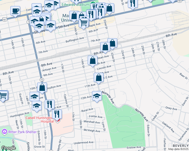 map of restaurants, bars, coffee shops, grocery stores, and more near 936 20th Street in Huntington