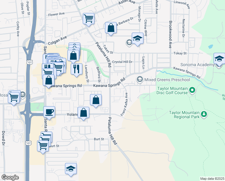 map of restaurants, bars, coffee shops, grocery stores, and more near 1028 Kawana Springs Road in Santa Rosa