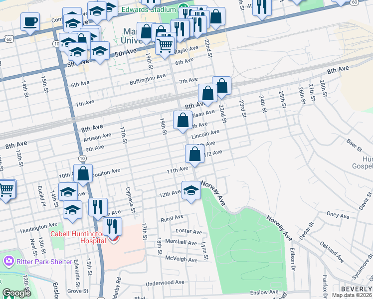 map of restaurants, bars, coffee shops, grocery stores, and more near 1017 20th Street in Huntington