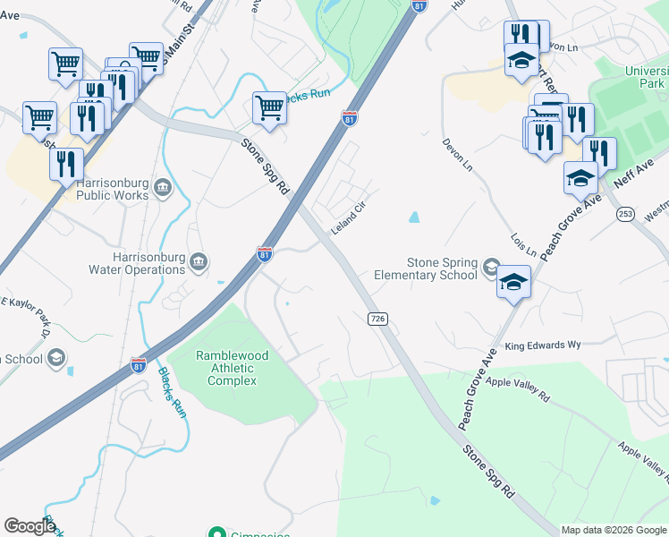 map of restaurants, bars, coffee shops, grocery stores, and more near 650 Stone Spring Road in Harrisonburg