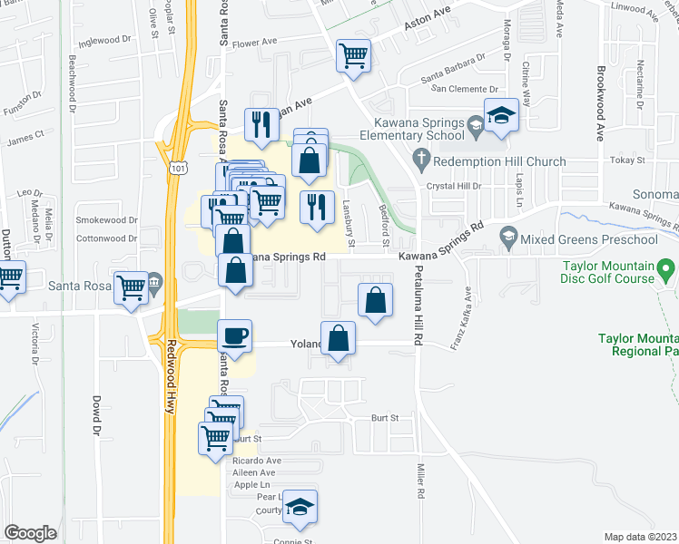 map of restaurants, bars, coffee shops, grocery stores, and more near 2368 Meadow Way in Santa Rosa