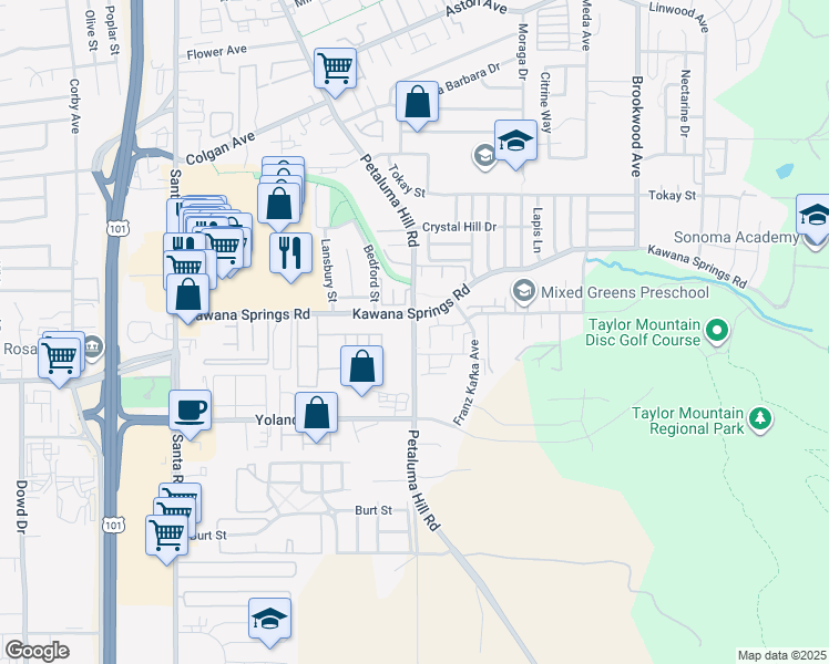 map of restaurants, bars, coffee shops, grocery stores, and more near in Santa Rosa
