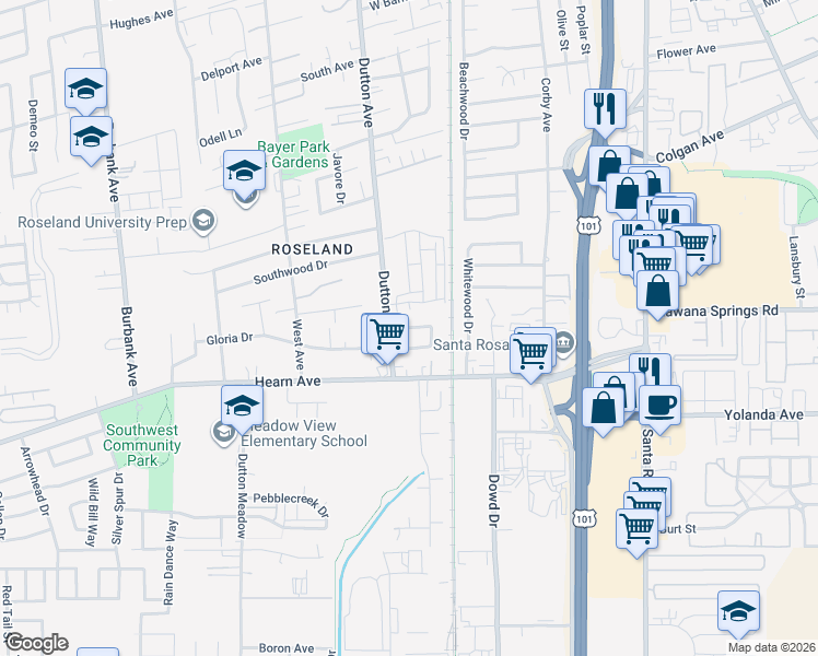 map of restaurants, bars, coffee shops, grocery stores, and more near 479 Miaterra Drive in Santa Rosa