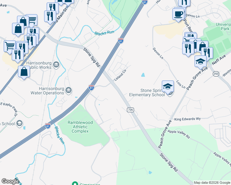 map of restaurants, bars, coffee shops, grocery stores, and more near 650 Stone Spring Road in Harrisonburg