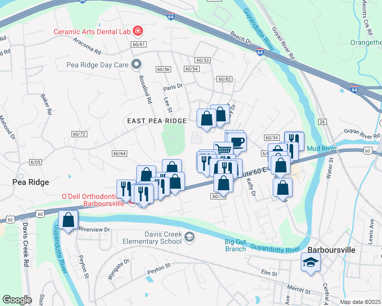 map of restaurants, bars, coffee shops, grocery stores, and more near 6026 U.S. 60 in Huntington