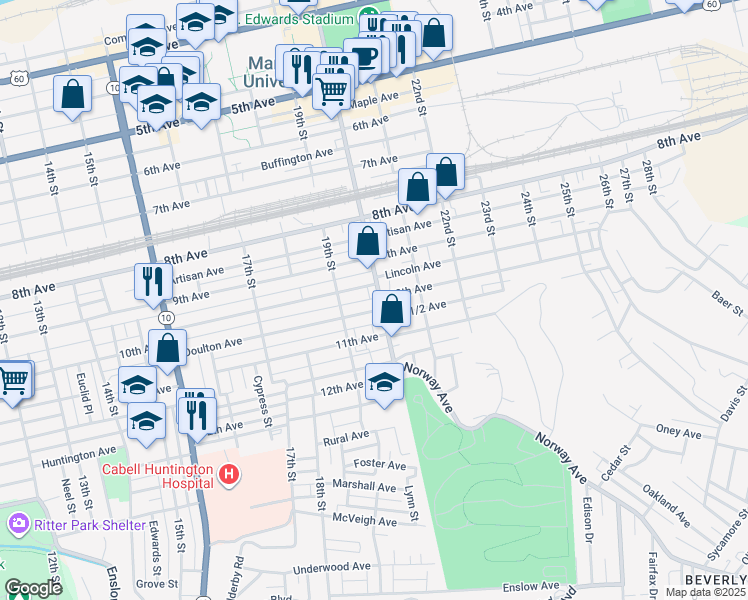 map of restaurants, bars, coffee shops, grocery stores, and more near 936 20th Street in Huntington